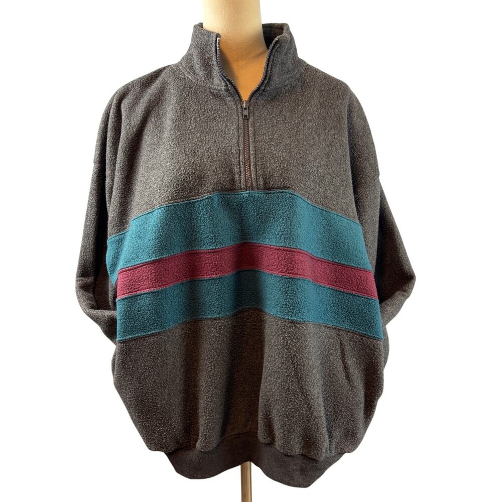 Vintage Casual Gear High Neck 3/4 Pullover Fleece Sweatshirt Bold Stripes Blue